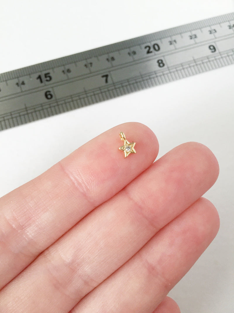 2 x 18K Gold Plated Teeny Tiny Star Charms with Cubic Zirconia, 7x5mm (0090)