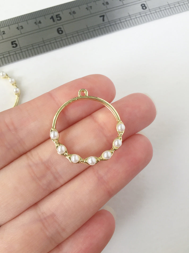 2 x Gold Hoop Pendants with Pearls, 27x29mm Round Gold Connectors (0722)