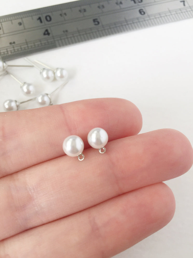 10 pairs x Rhodium Plated Pearl Earring Studs with Loops, 11mm (0814)