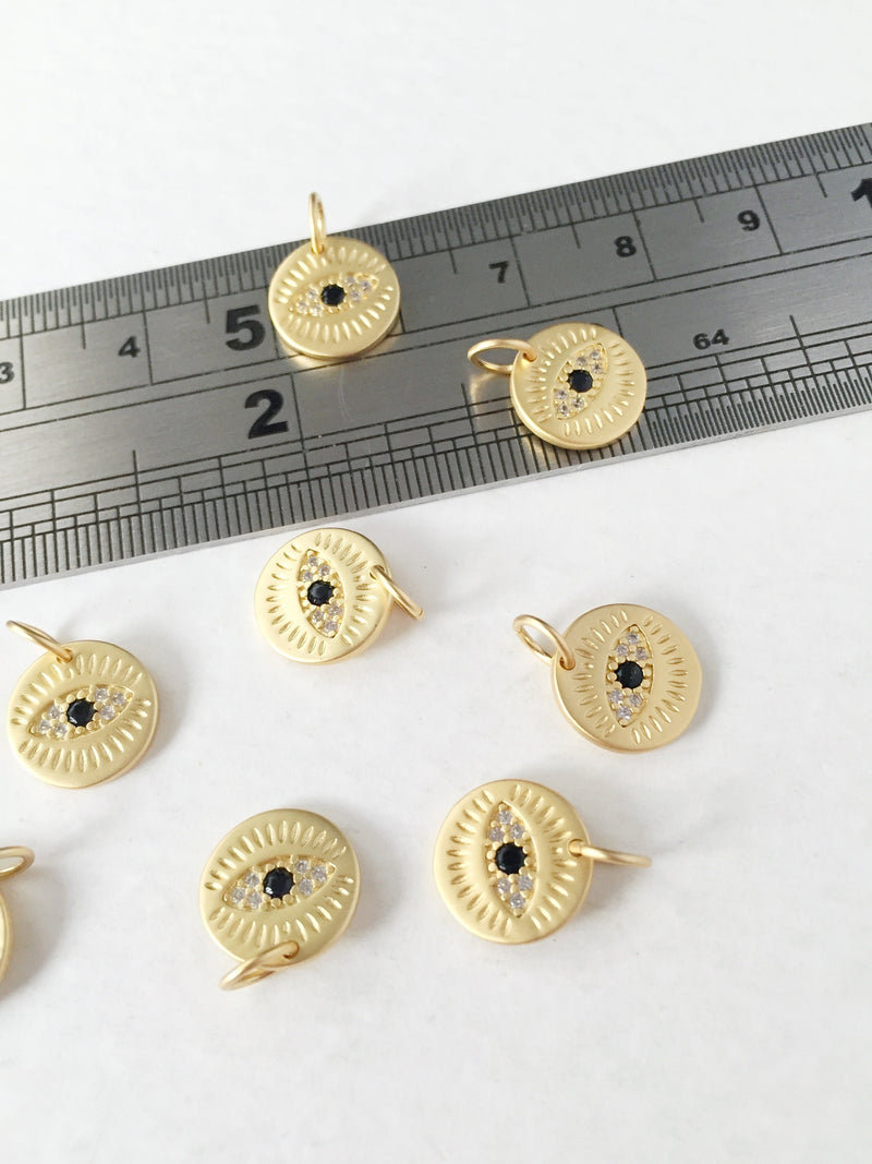 1 x Matte Gold Plated Evil Eye Charms with Cubic Zirconia, 10mm (0254G)