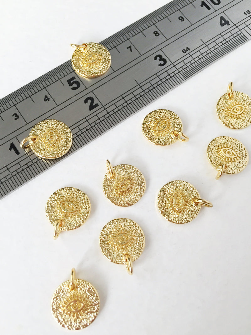 1 x 18K Gold Plated Textured Evil Eye Charms, 12mm (0248)