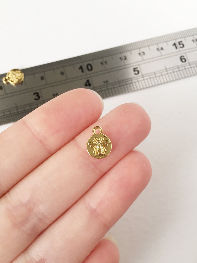 1 x 18K Gold Plated Coin Shaped Bee Charms, 8x10mm (0149G)