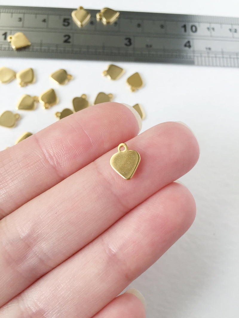 10 x Tiny Gold Plated Stainless Steel Heart Charms, 9.5x7.5mm