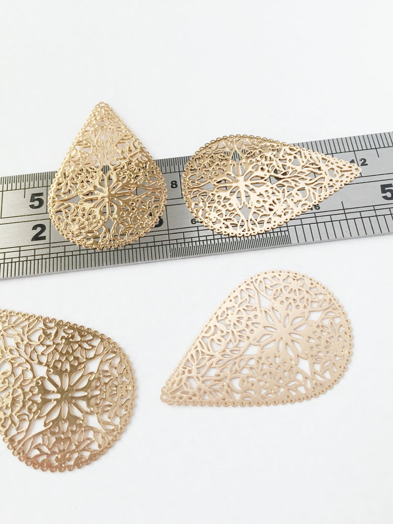 2 x Gold Plated Floral Filigree Teardrop Pendants, 40x26mm (0293)