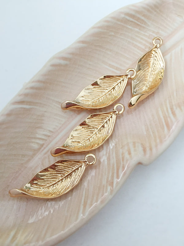 4 x Champagne Gold Detailed Leaf Charms, 32x11mm (0699)