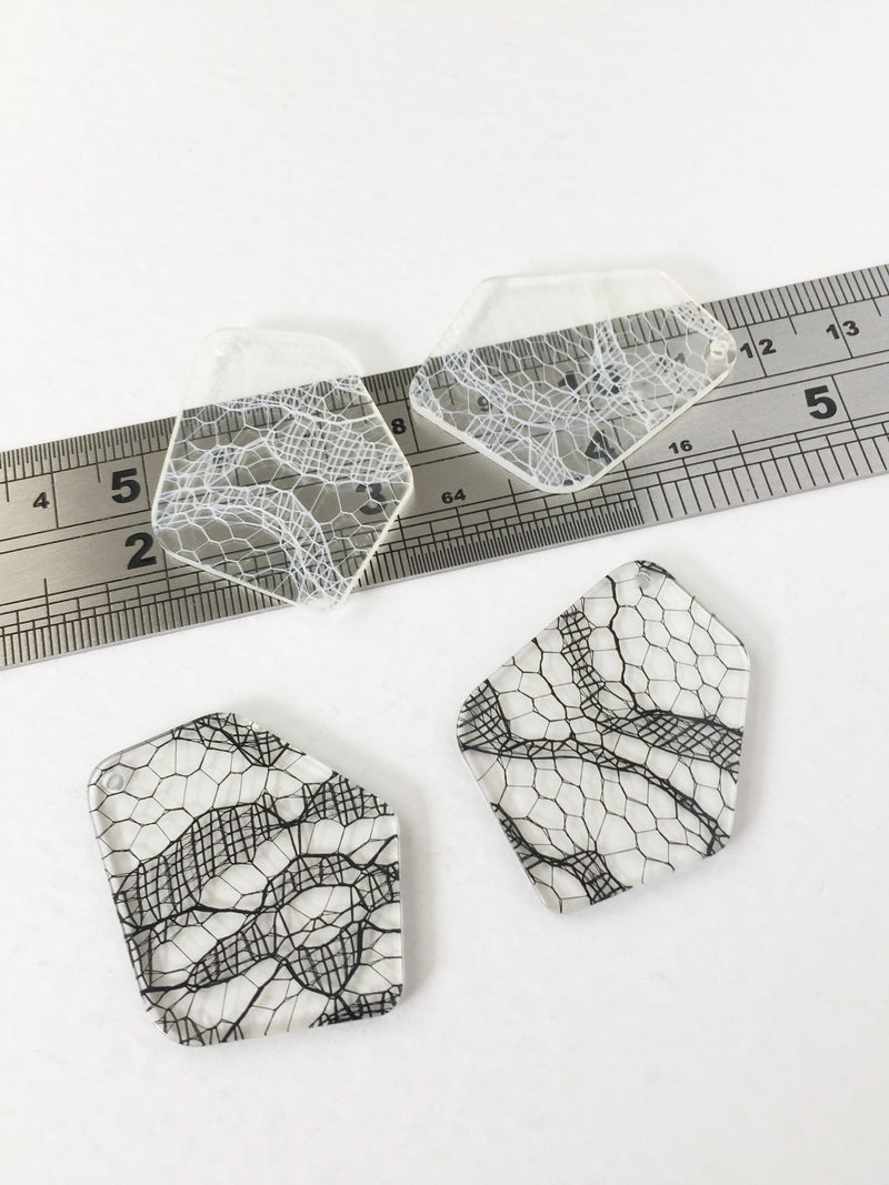 2 x Polygonal Resin Pendants with Built-in Lace Detail, 38x29mm