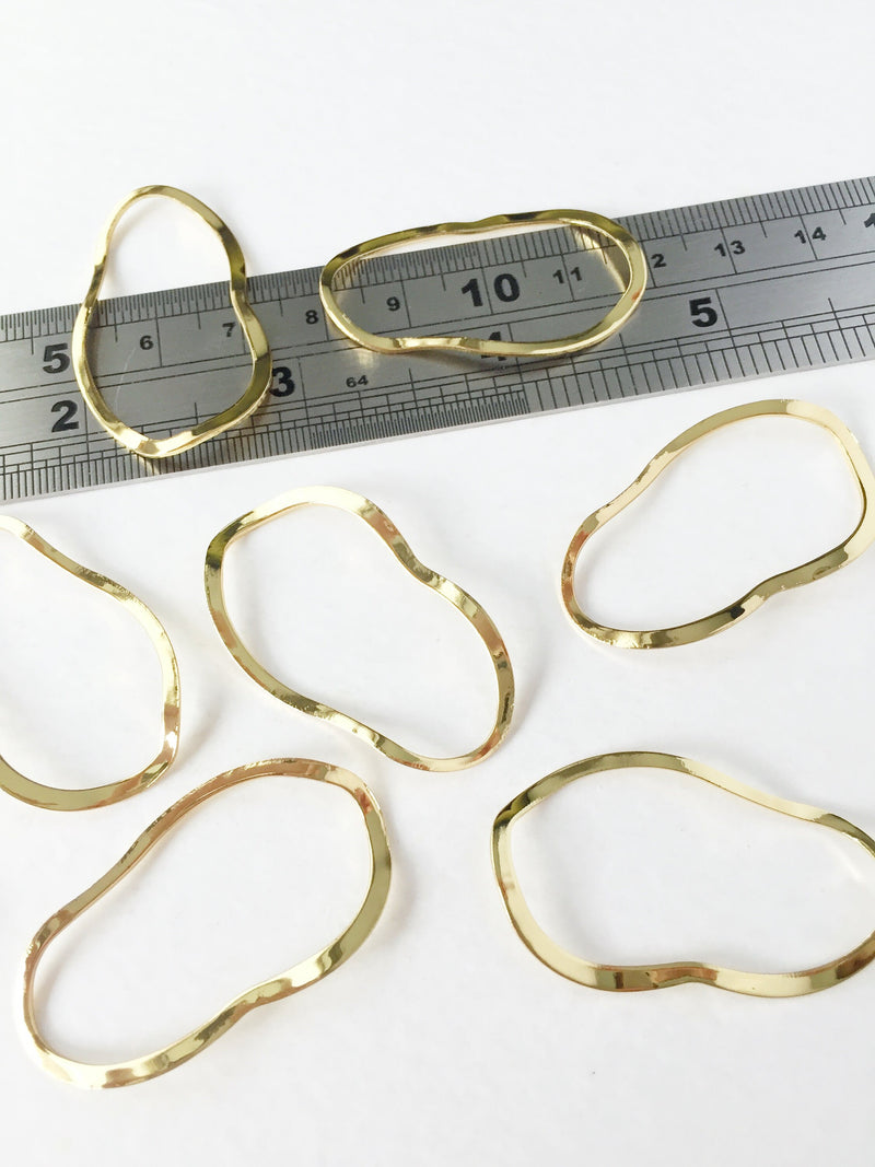 2 x 18K Gold Plated Irregular Oval Wavy Connectors, 39x23mm Gold Linking Rings (0386)