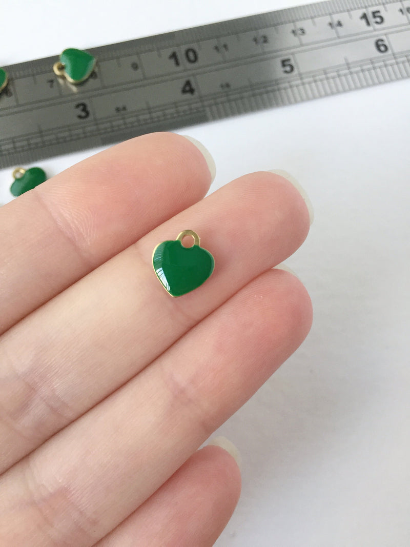 8 x Green Enamel Heart Charms, 9x10mm (0336)