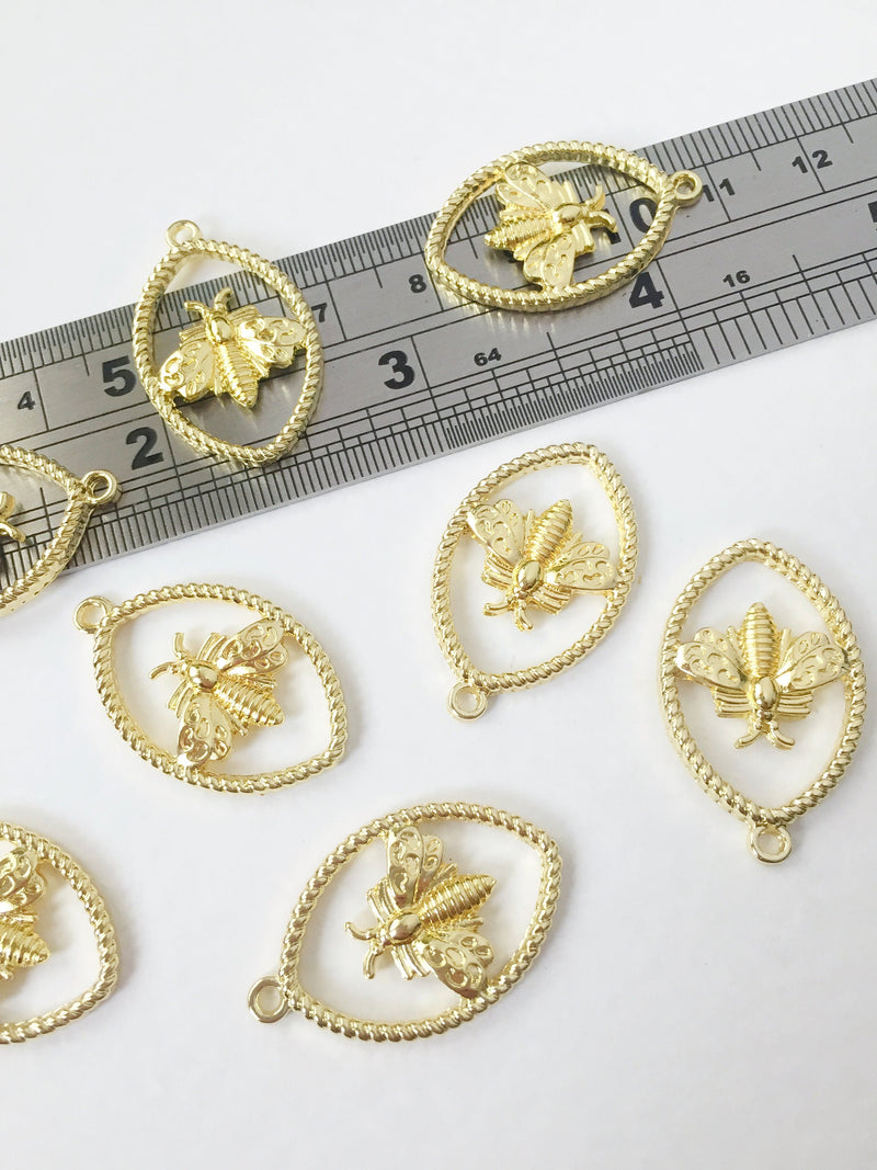 2 x Gold Plated Oval Bee Charms, 29x18mm (0660)