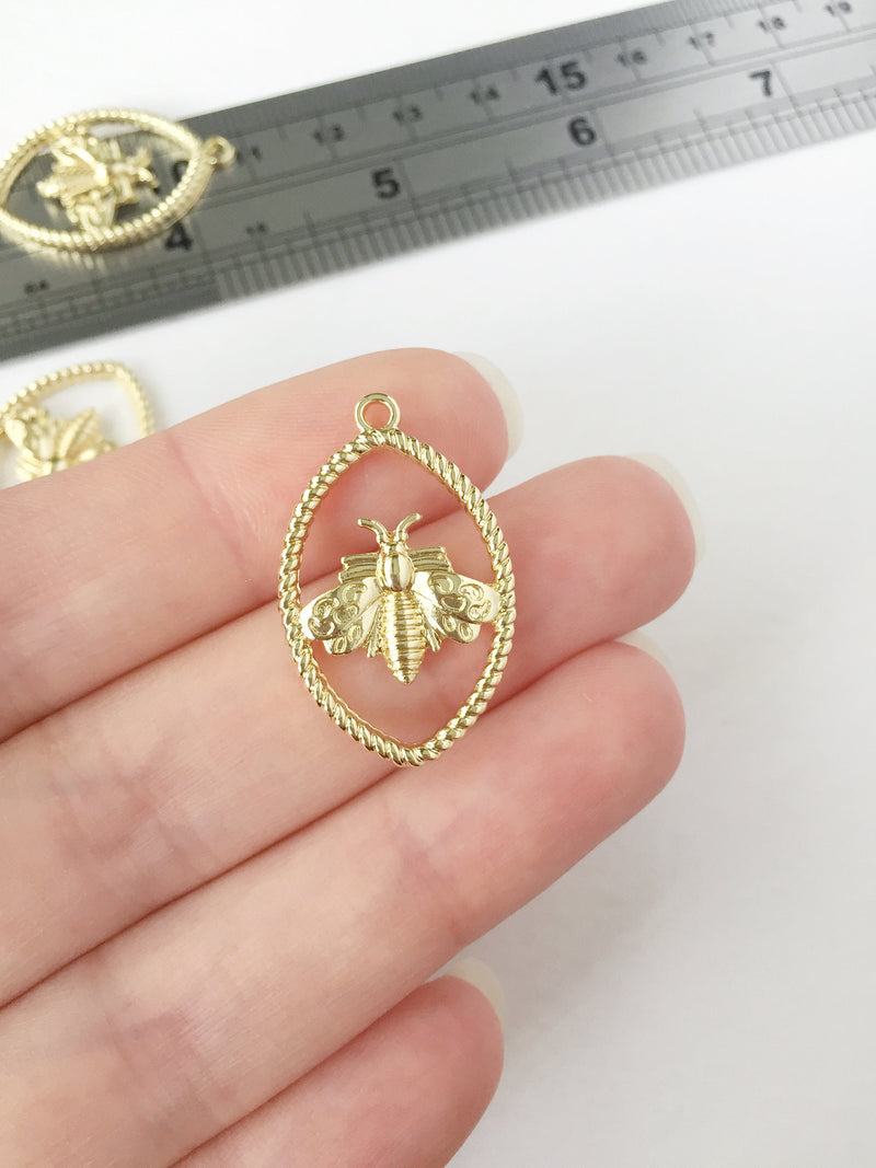 2 x Gold Plated Oval Bee Charms, 29x18mm (0660)