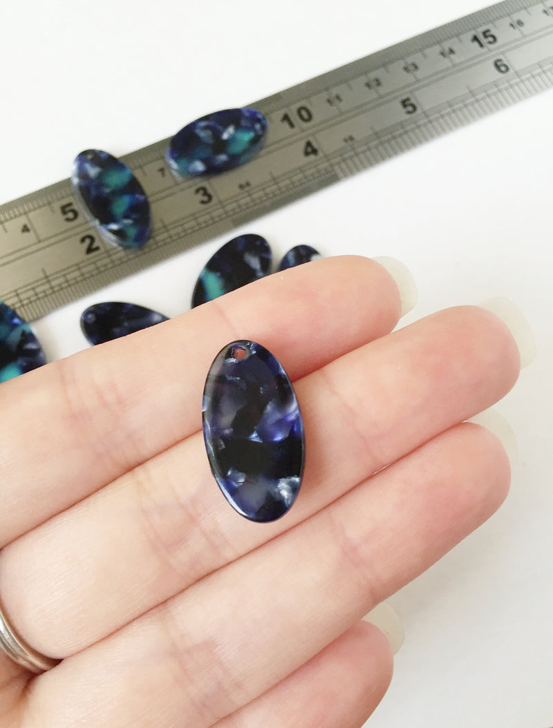 2 x Navy Blue Tortoiseshell Oval Pendants, 24x13mm (0759)