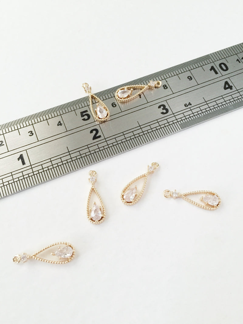 2 x 24K Gold Plated Cubic Zirconia Drop Charms, 18x6mm (0147)