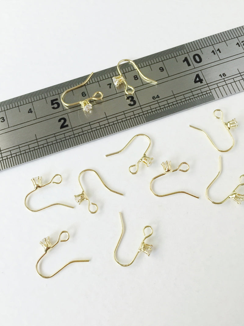 1 pair x Gold Plated Fishhook Earring Wire with Cubic Zirconia, 15mm (0822G)