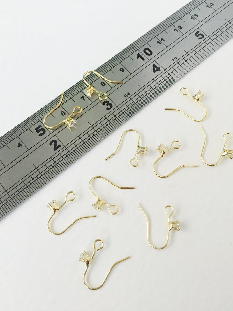 1 pair x Gold Plated Fishhook Earring Wire with Cubic Zirconia, 15mm (0822G)