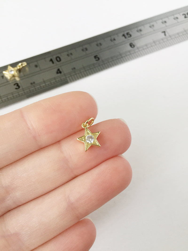 2 x 18K Gold Plated Small Star Charms with Cubic Zirconia, 11x9mm (0225)