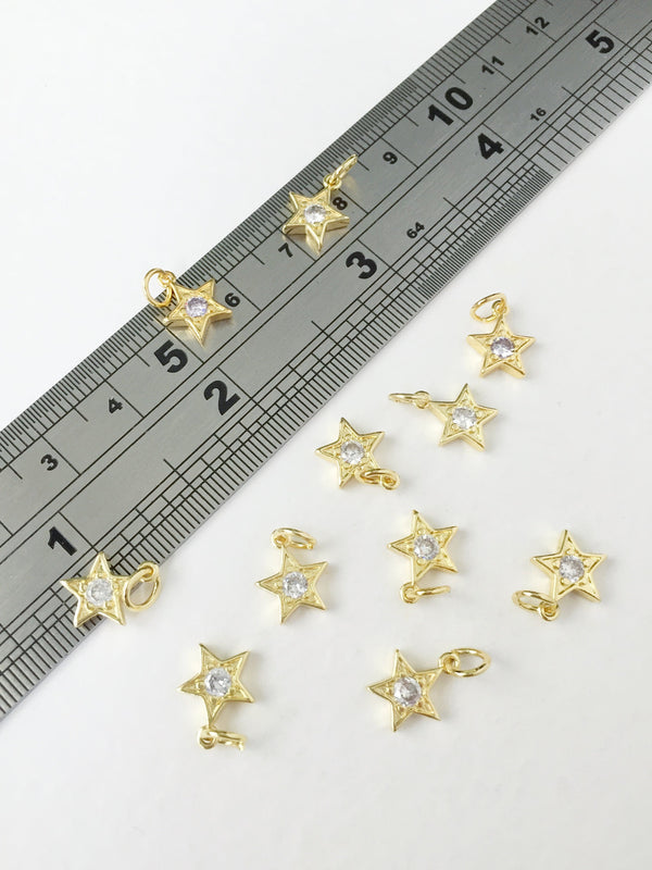 2 x 18K Gold Plated Small Star Charms with Cubic Zirconia, 11x9mm (0225)