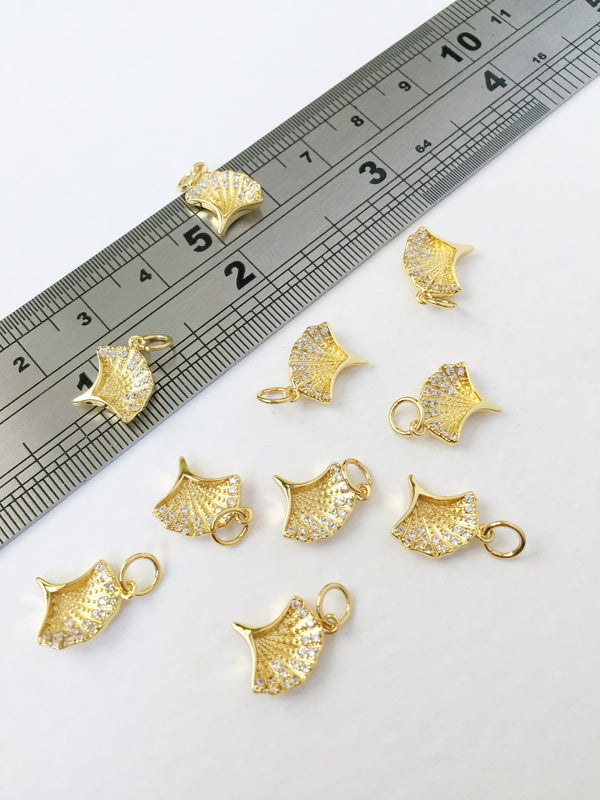 1 x 18K Gold Plated Ginkgo Leaf Charms with Cubic Zirconia, 11x10.5mm (0213G)