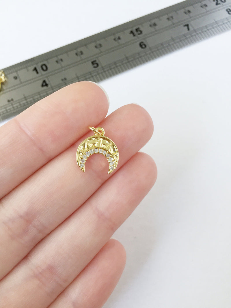 1 x 18K Gold Plated Crescent Moon Charms with Cubic Zirconia, 14x12.5mm (0224)