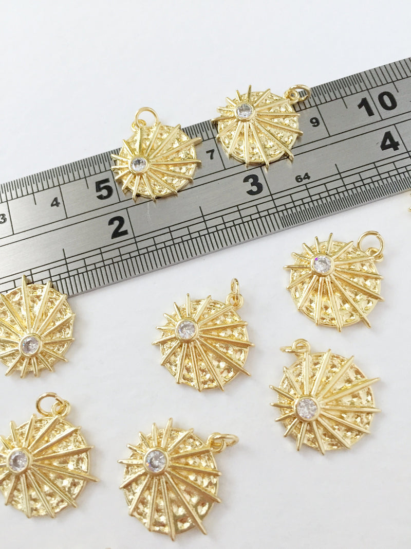 1 x 18K Gold Plated Sun Charms with Cubic Zirconia, 18x18mm (0285)