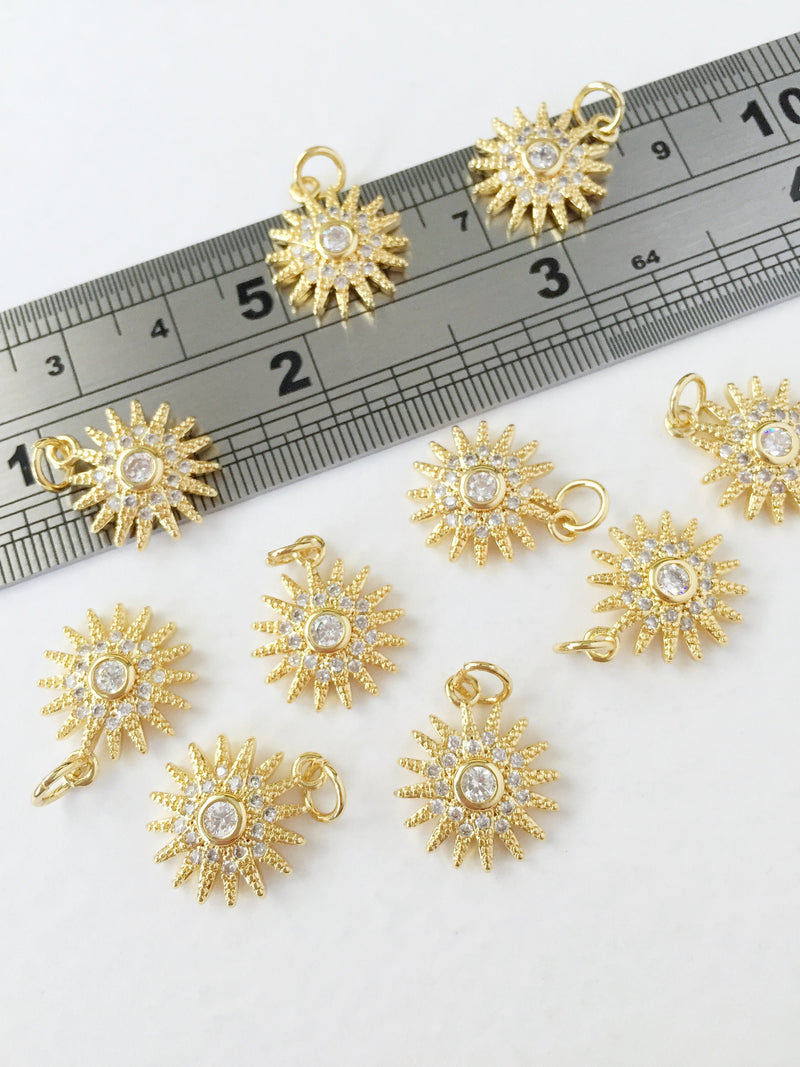 1 x 18K Gold Plated Sun Charms with Cubic Zirconia, 16x14mm (0280)