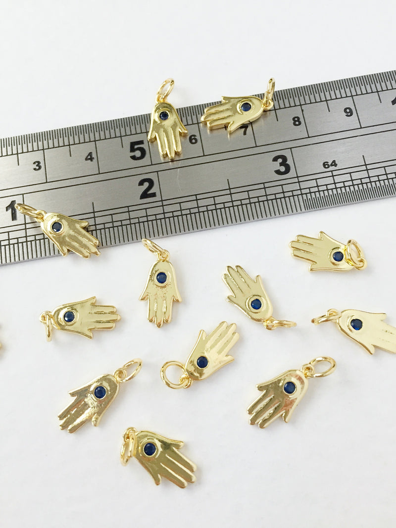 2 x Tiny 18K Gold Plated Hamsa Hand Charms with Cubic Zirconia, 14x8mm (0276)