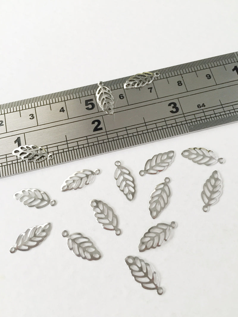 50 x Tiny Stainless Steel Leaf Charms, 13.5x5.5mm  (0330)