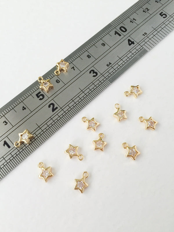 2 x 18K Gold Plated Tiny Star Charms with Cubic Zirconia, 8x6mm (0325)