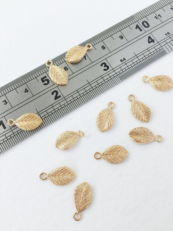 8 x Tiny Champagne Gold Metal Leaf Charms, 14.5x7.5mm (0509)