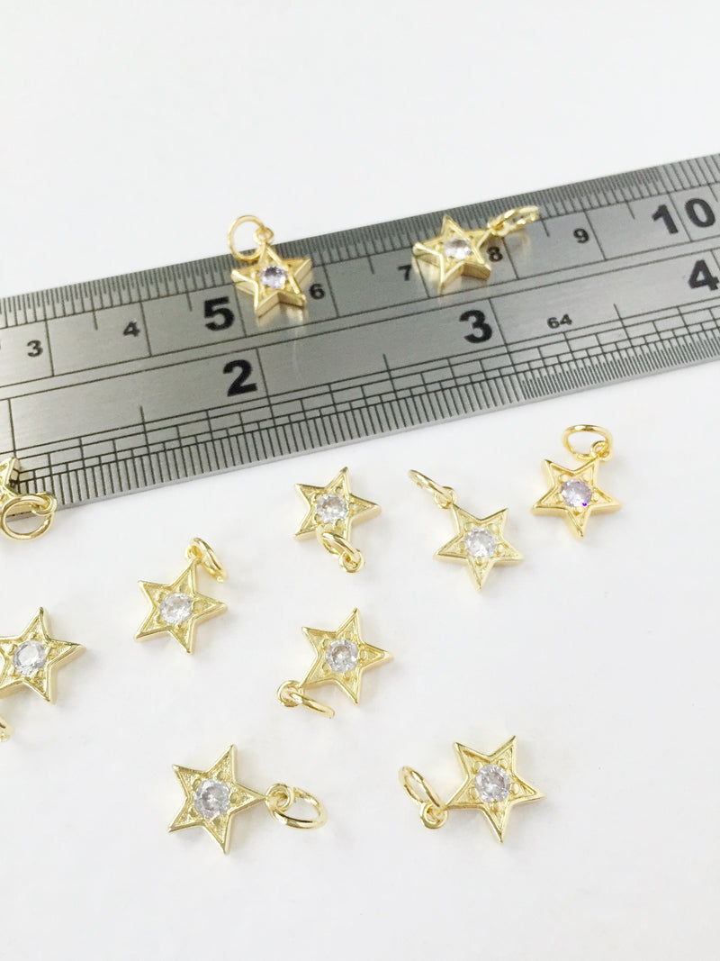 2 x 18K Gold Plated Small Star Charms with Cubic Zirconia, 11x9mm (0225)