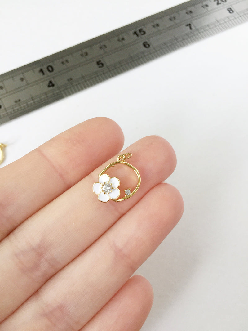 1 x 18K Gold Plated Hoop Enamel Flower Charm with Cubic Zirconia, 14.5x11mm (0015)