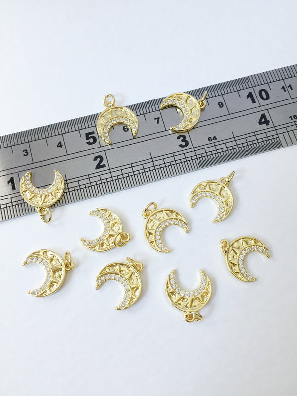 1 x 18K Gold Plated Crescent Moon Charms with Cubic Zirconia, 14x12.5mm (0224)