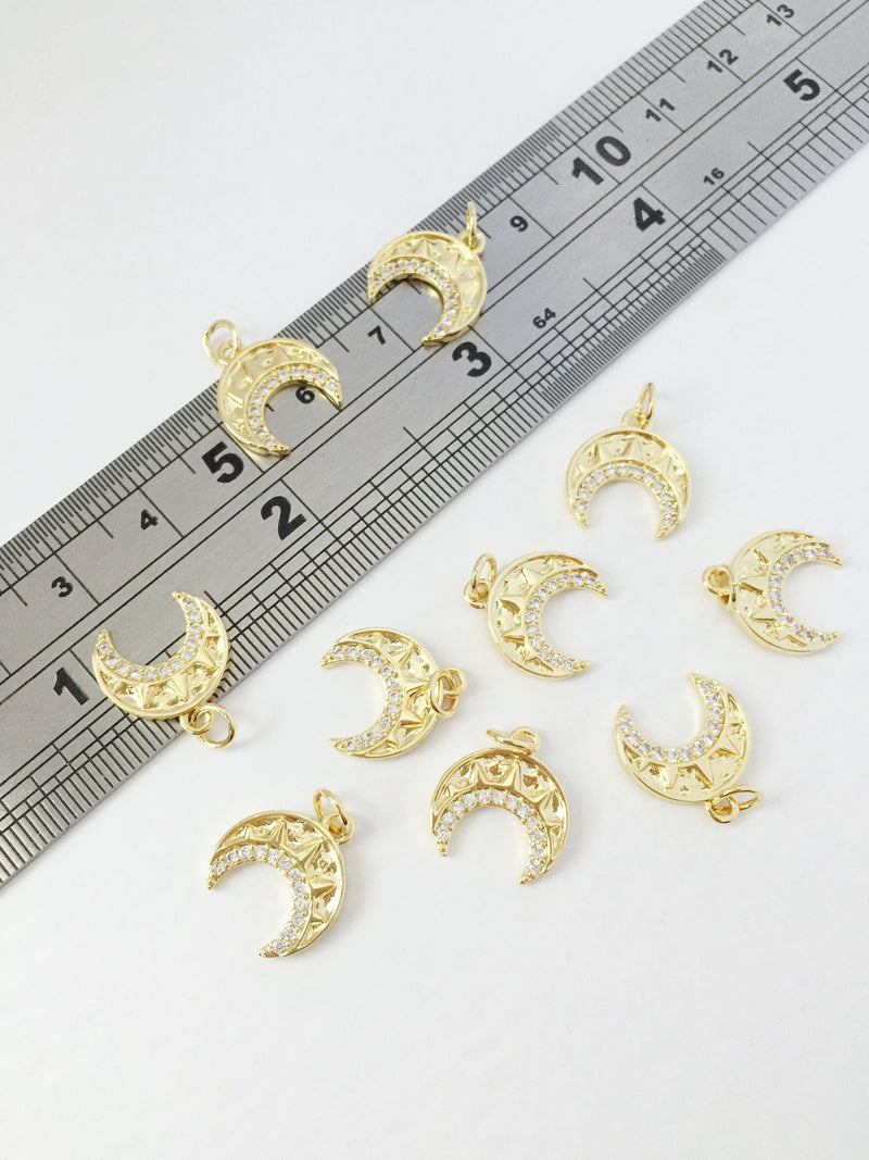 1 x 18K Gold Plated Crescent Moon Charms with Cubic Zirconia, 14x12.5mm (0224)