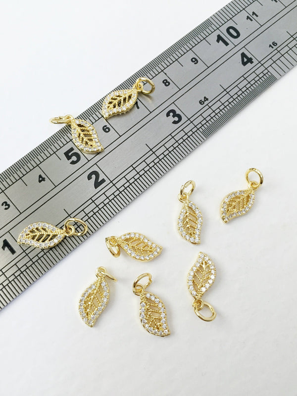 1 x Gold Plated Openwork Leaf Charms with Cubic Zirconia, 13x6.5mm (0217)