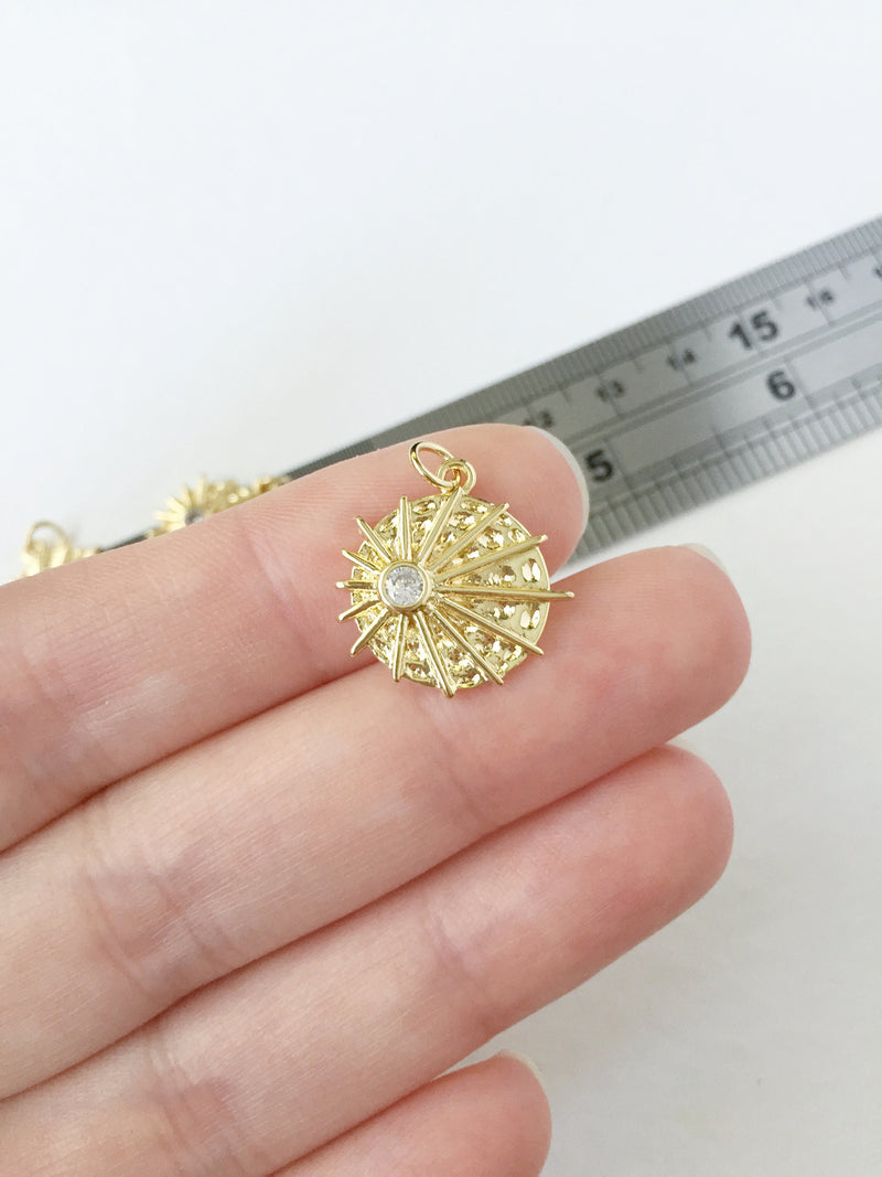 1 x 18K Gold Plated Sun Charms with Cubic Zirconia, 18x18mm (0285)