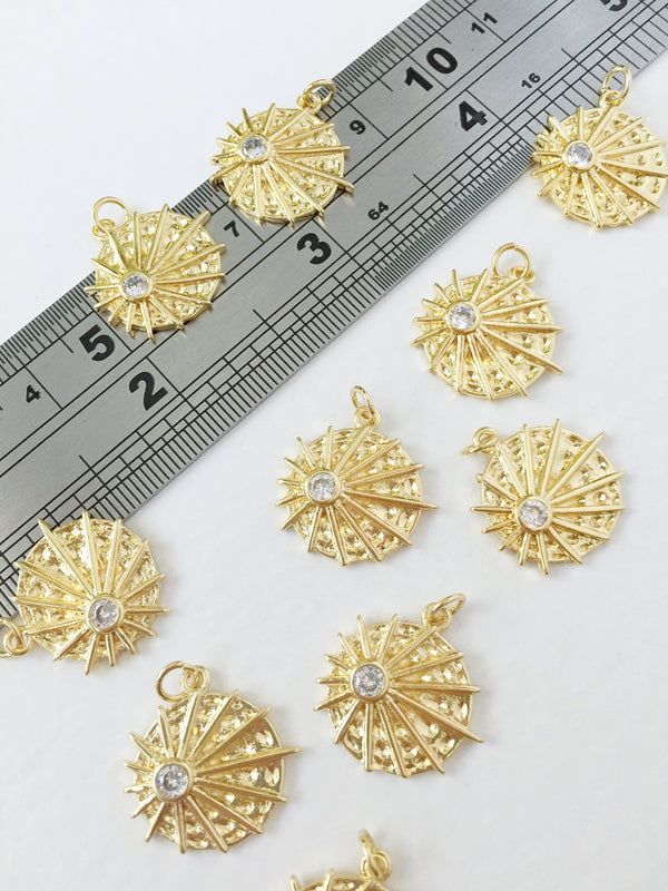 1 x 18K Gold Plated Sun Charms with Cubic Zirconia, 18x18mm (0285)