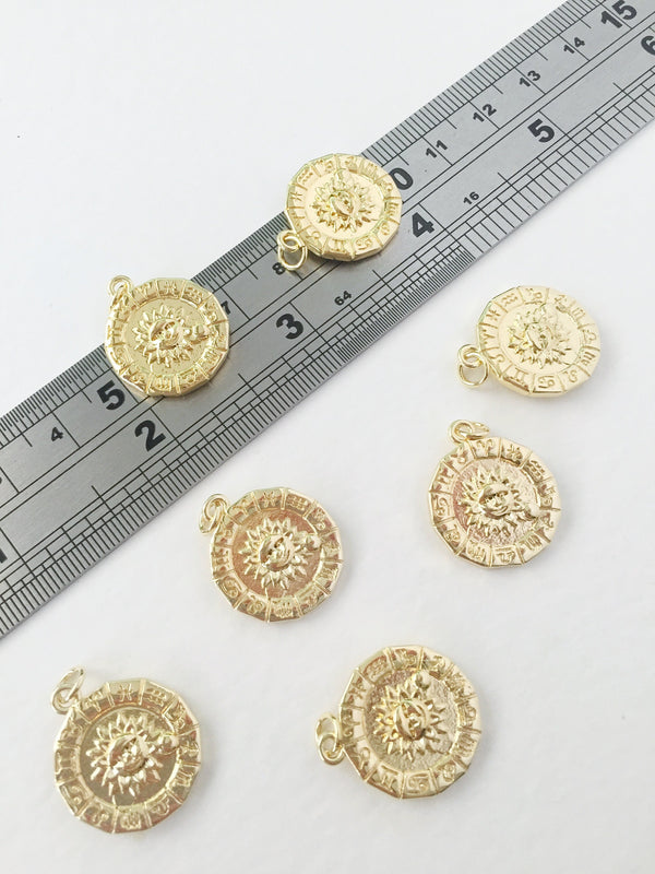 1 x 18K Gold Plated Sun Coin Charms, 18x21mm (0120)