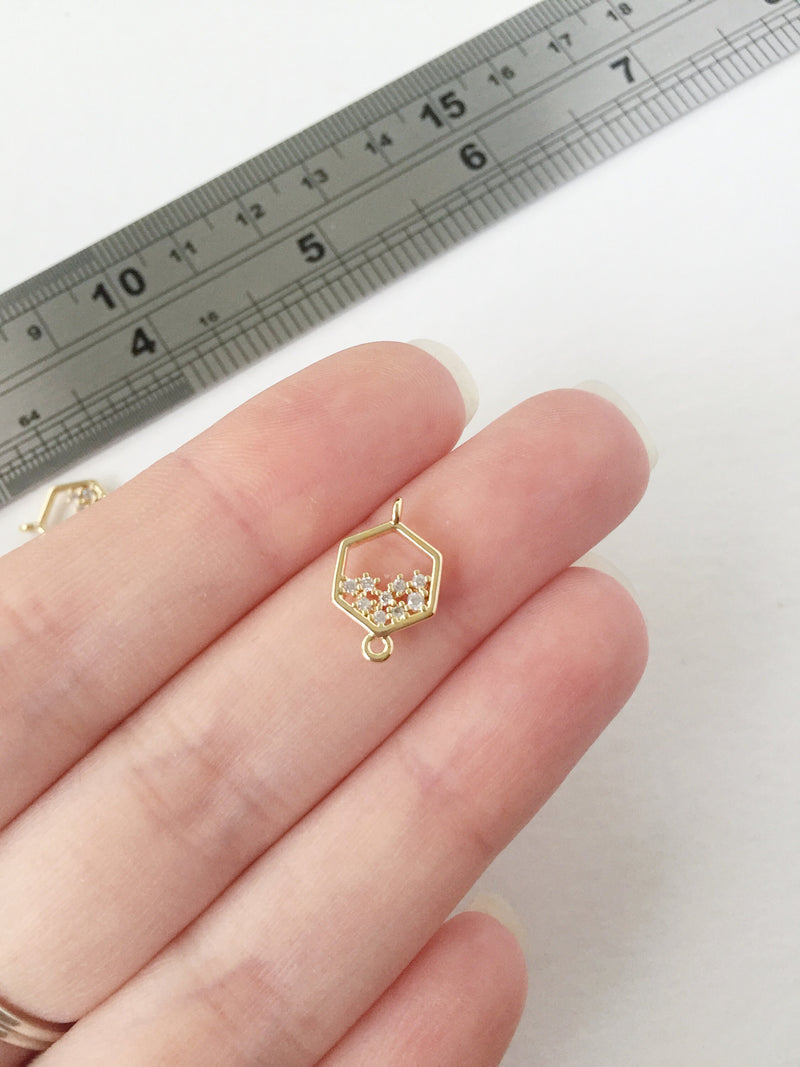 1 x 18K Gold Plated Hexagon Connectors with Cubic Zirconia, 9x14mm (0139)