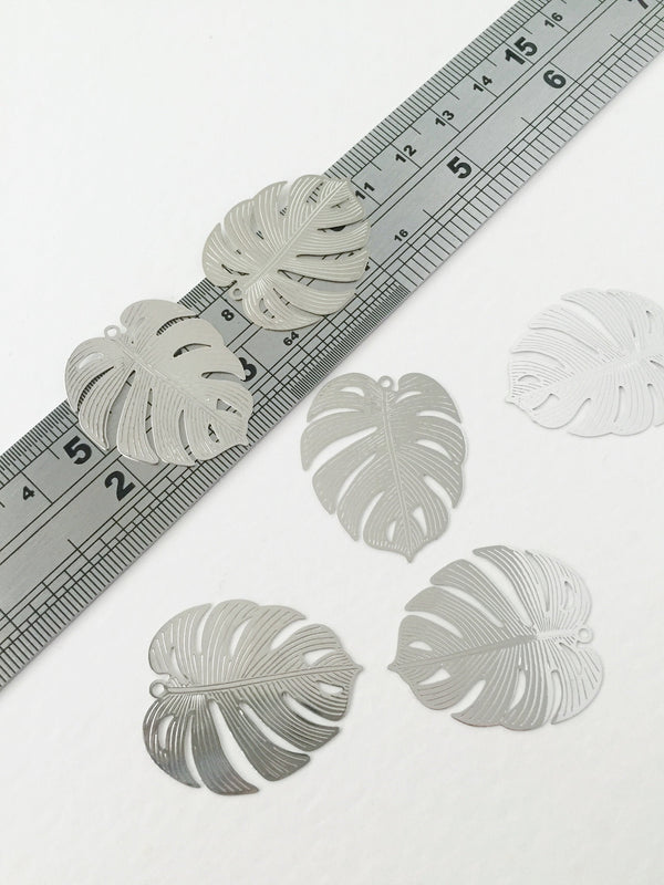 2 x Platinum Plated Large Monstera Leaf Pendants, 30x25mm (0158)