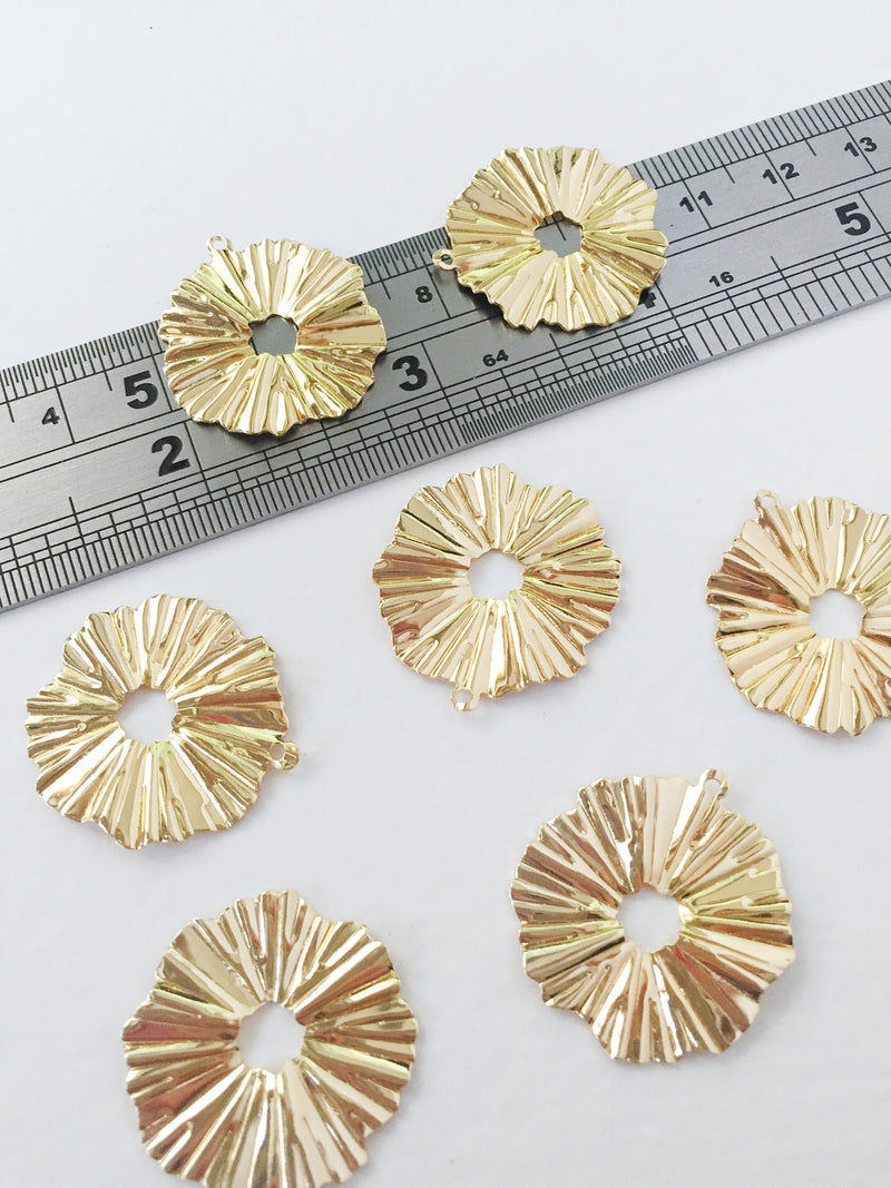 2 x 18K Gold Plated Sunburst Pendants, Textured Gold Sunburst Pendant, Gold Plated Brass Sunburst Charms (0031)