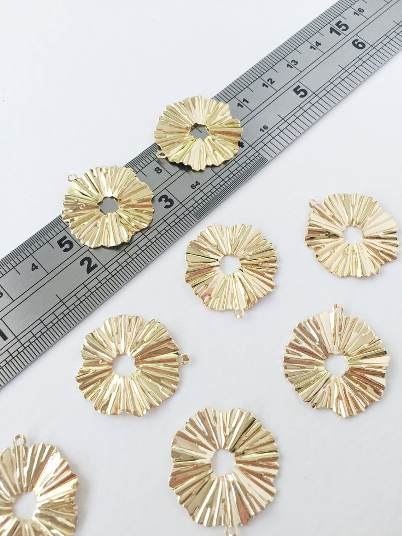 2 x 18K Gold Plated Sunburst Pendants, Textured Gold Sunburst Pendant, Gold Plated Brass Sunburst Charms (0031)