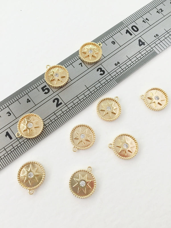 1 x 18K Gold Plated Brass Coin Shaped Star Pendants with Cubic Zirconia Star, 11x13mm (0123)