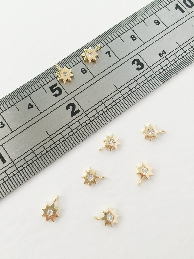 2 x Tiny 18K Gold Plated Star Charms With Cubic Zirconia, 7.5x6mm (0152)