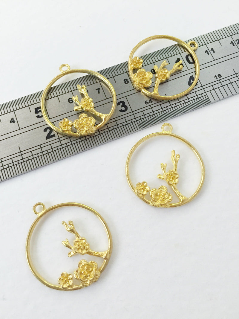 2 x Raw Brass Floral Hoop Pendants, 28x25mm (0679)