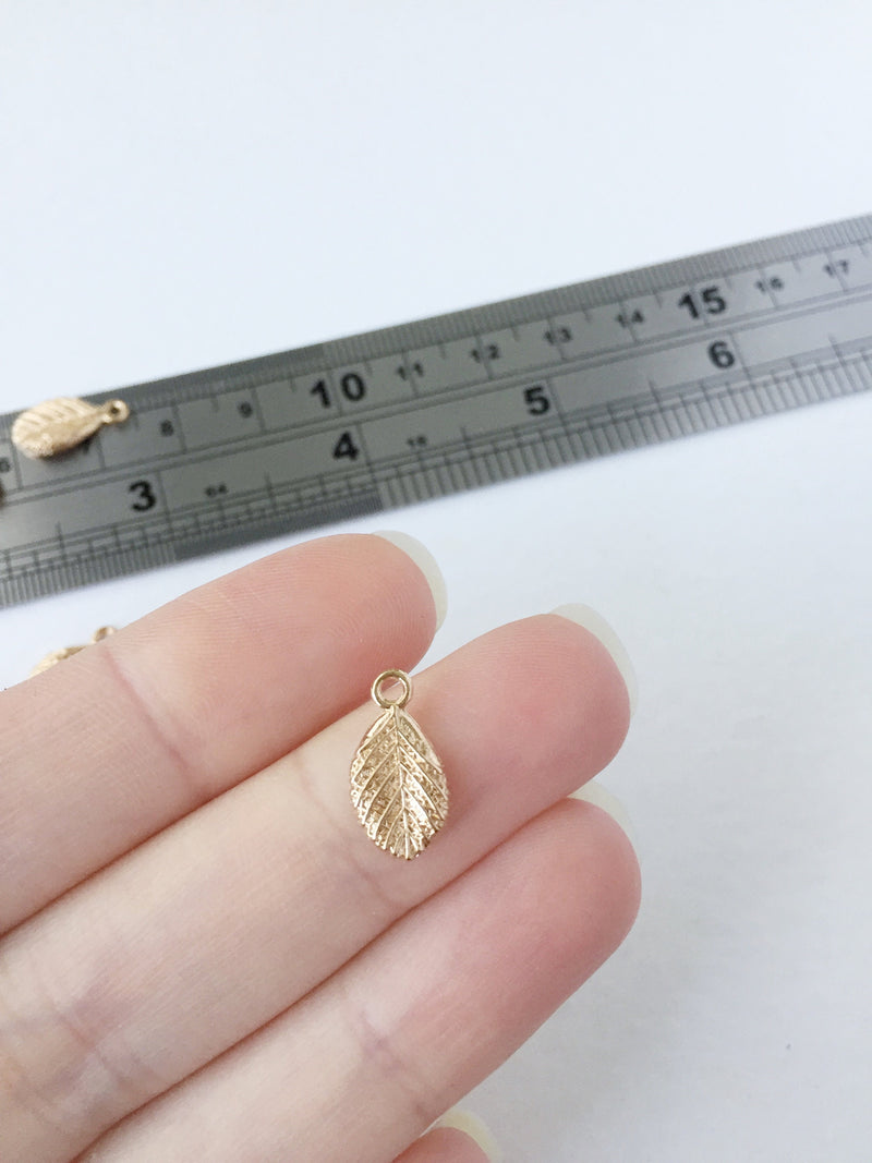 8 x Tiny Champagne Gold Metal Leaf Charms, 14.5x7.5mm (0509)