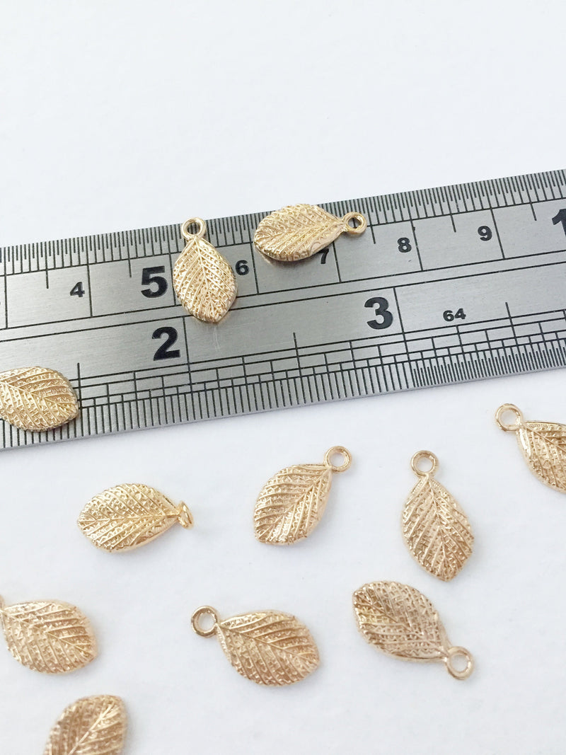 8 x Tiny Champagne Gold Metal Leaf Charms, 14.5x7.5mm (0509)