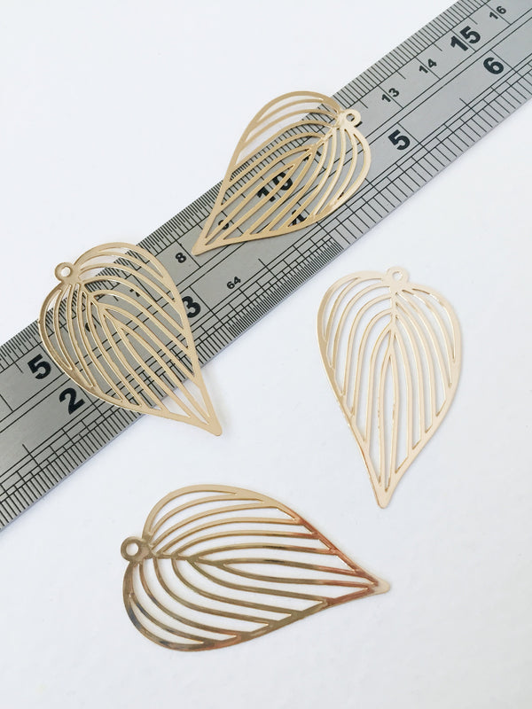 2 x Gold Plated Leaf Pendants, 43x25mm Leaf Charms (0349)