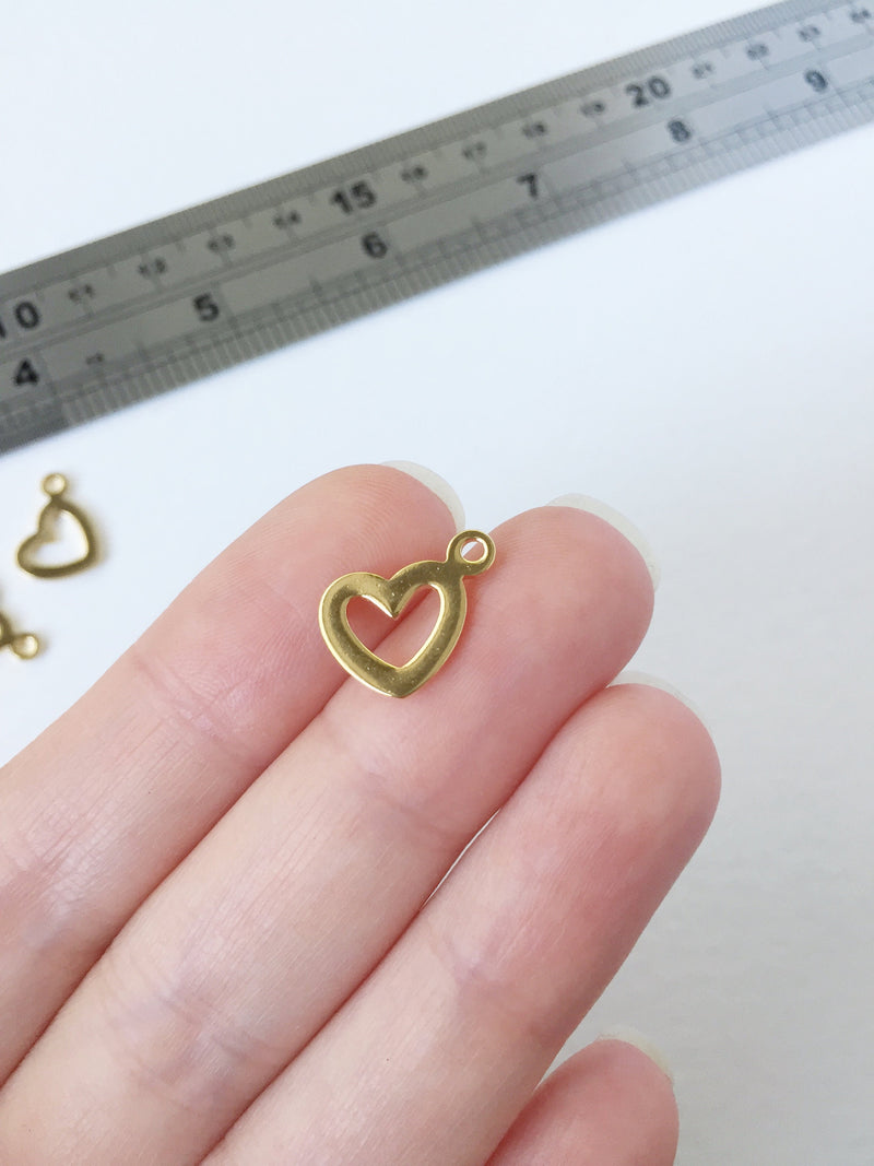 8 x Gold Plated Stainless Steel Open Heart Charms, 15x13mm (0353)