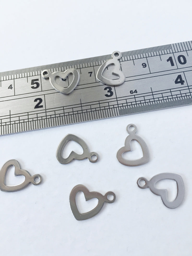 10 x Small Stainless Steel Open Heart Charms, 15x13mm (0354)