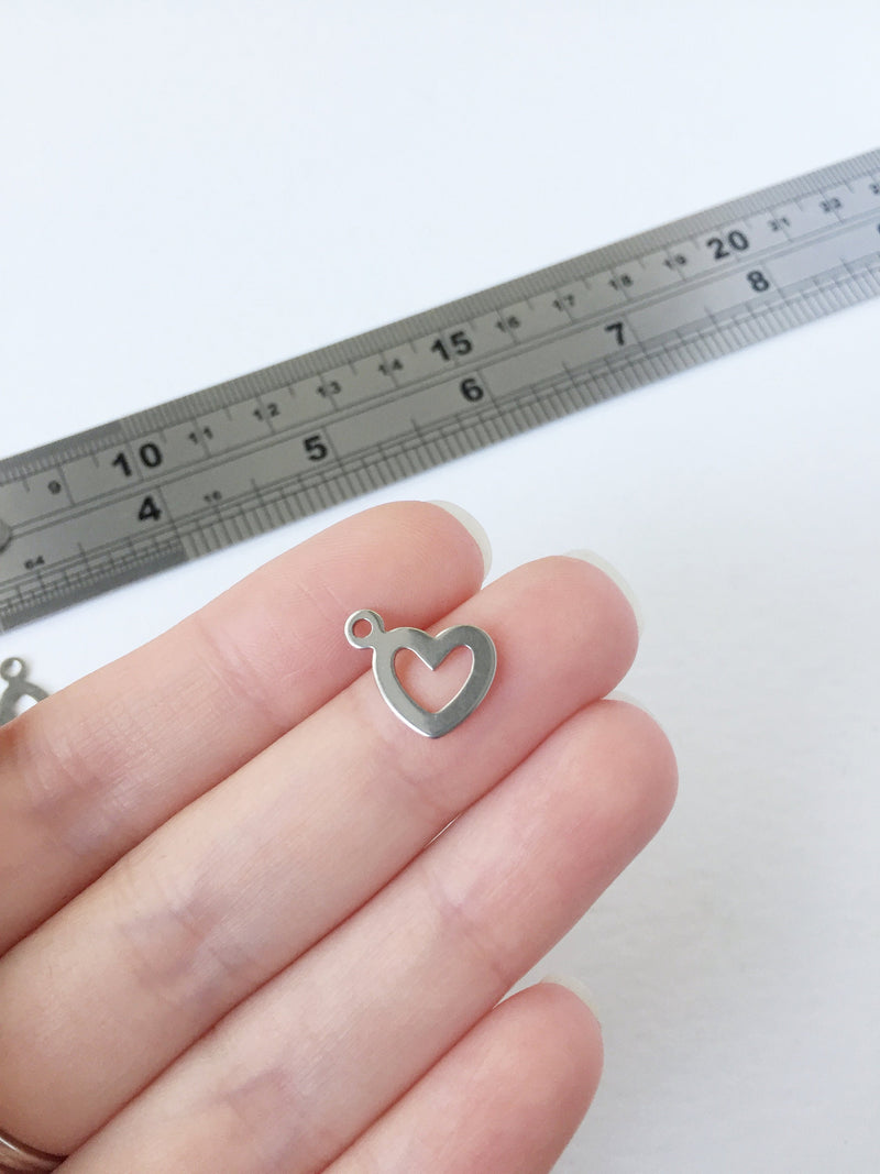 10 x Small Stainless Steel Open Heart Charms, 15x13mm (0354)