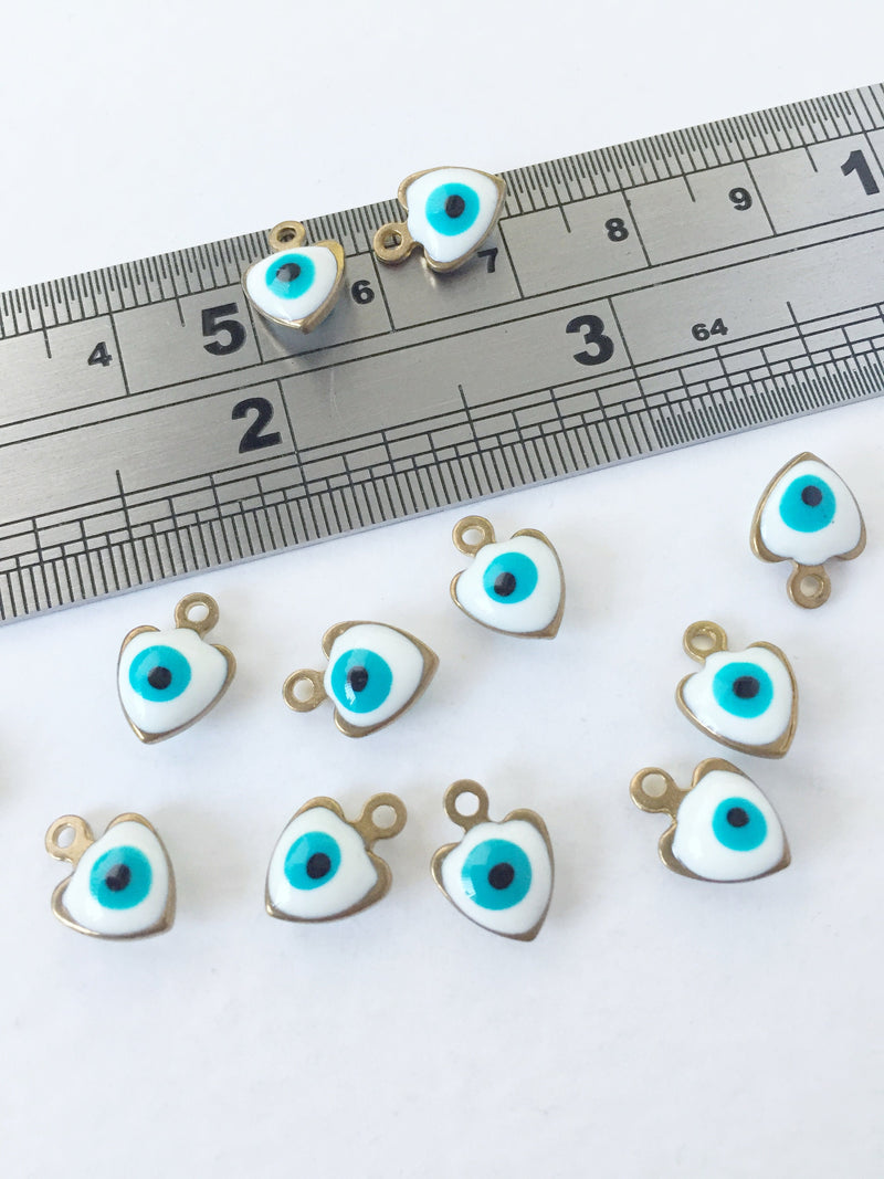 10 x Enamelled Heart Brass Evil Eye Charms, 10x8mm (0361)